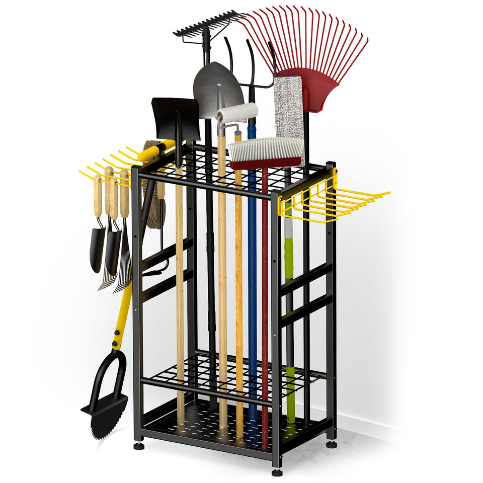 BlumeTrec garden tool organizer—front view showing 48 long-handle tool slots for easy access.