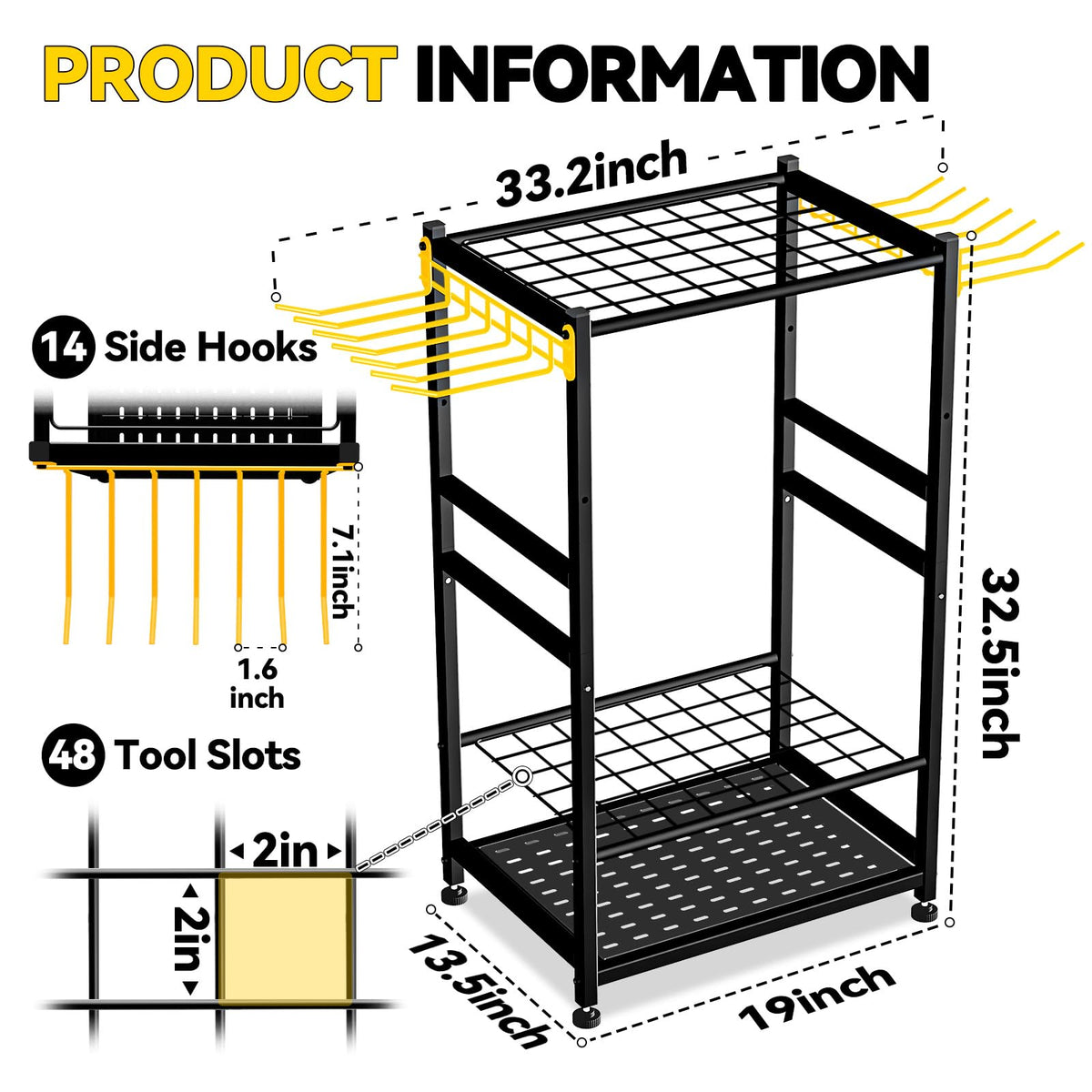BlumeTrec tool rack with side hooks for brooms, rakes, and small items, efficiently organized.