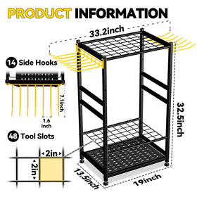 BlumeTrec tool rack with side hooks for brooms, rakes, and small items, efficiently organized.