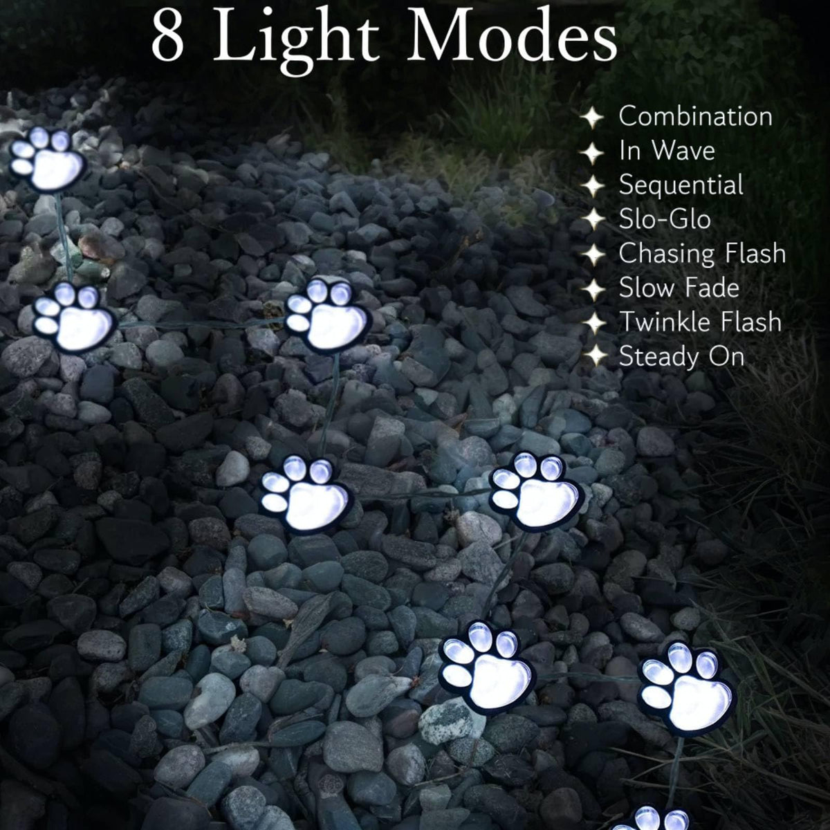 Blunem paw print solar light withstands rain for outdoor use.