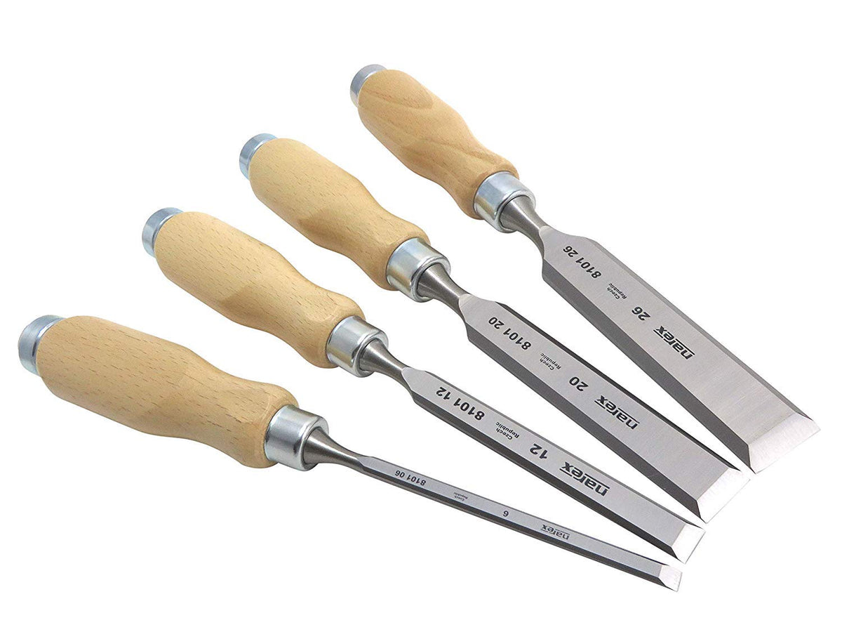 BLUSTEELE Narex bevel edge chisel set blades close-up showing durable Cr-Mn steel edge for precise work.