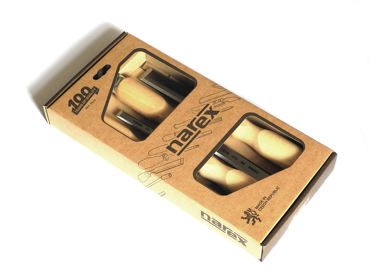 BLUSTEELE Narex bevel edge chisels highlighting ferrule and hoop for lasting durability.