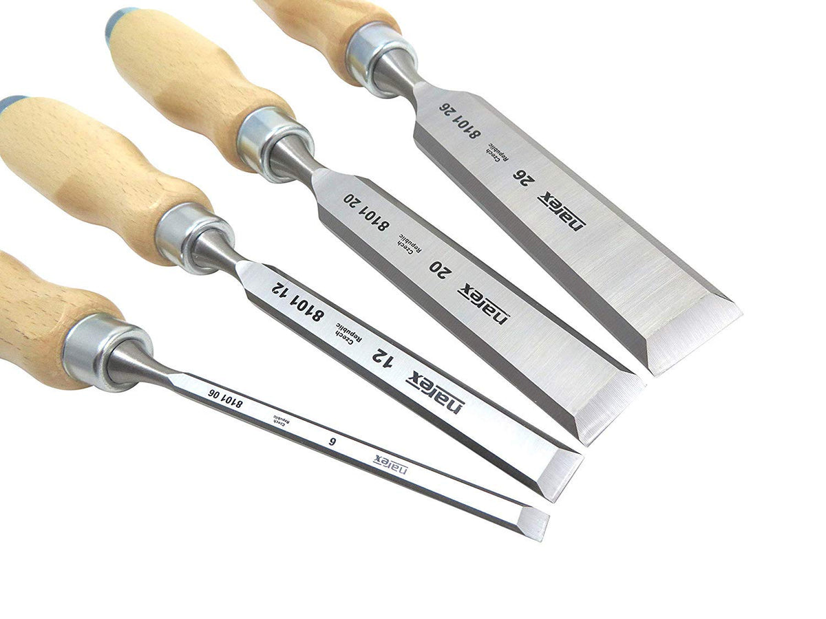 BLUSTEELE Narex bevel edge chisels wooden handles with ergonomic oval grip for comfortable hand use.