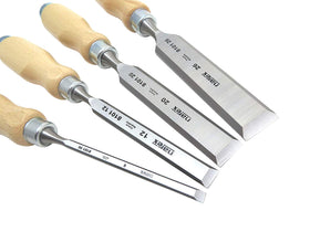 BLUSTEELE Narex bevel edge chisels wooden handles with ergonomic oval grip for comfortable hand use.
