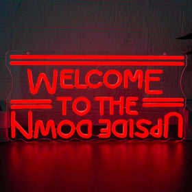 BMLOPZ Upside Down neon sign front view enhances bedroom ambiance with red glow.