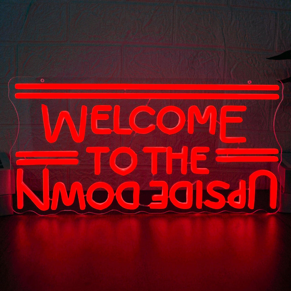 BMLOPZ Upside Down neon sign front view enhances bedroom ambiance with red glow.