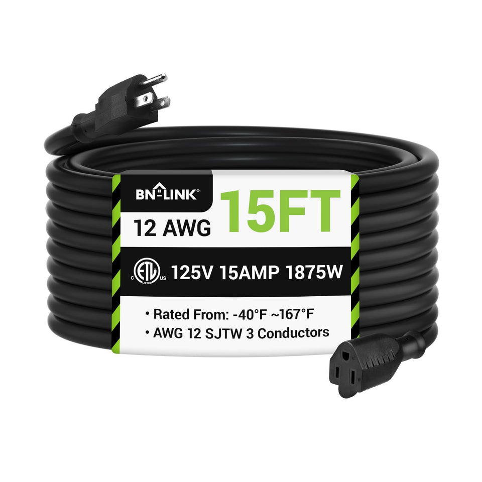 BN-LINK 15ft outdoor extension cord with 3-prong plug for safe power outdoors
