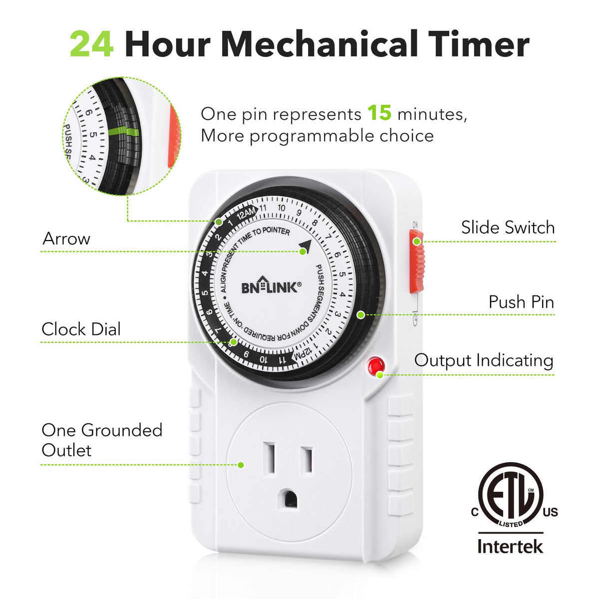 BN-LINK 24-hour timer outlet pin dial detail enables precise 15-minute steps.