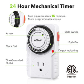 BN-LINK 24-hour timer outlet pin dial detail enables precise 15-minute steps.