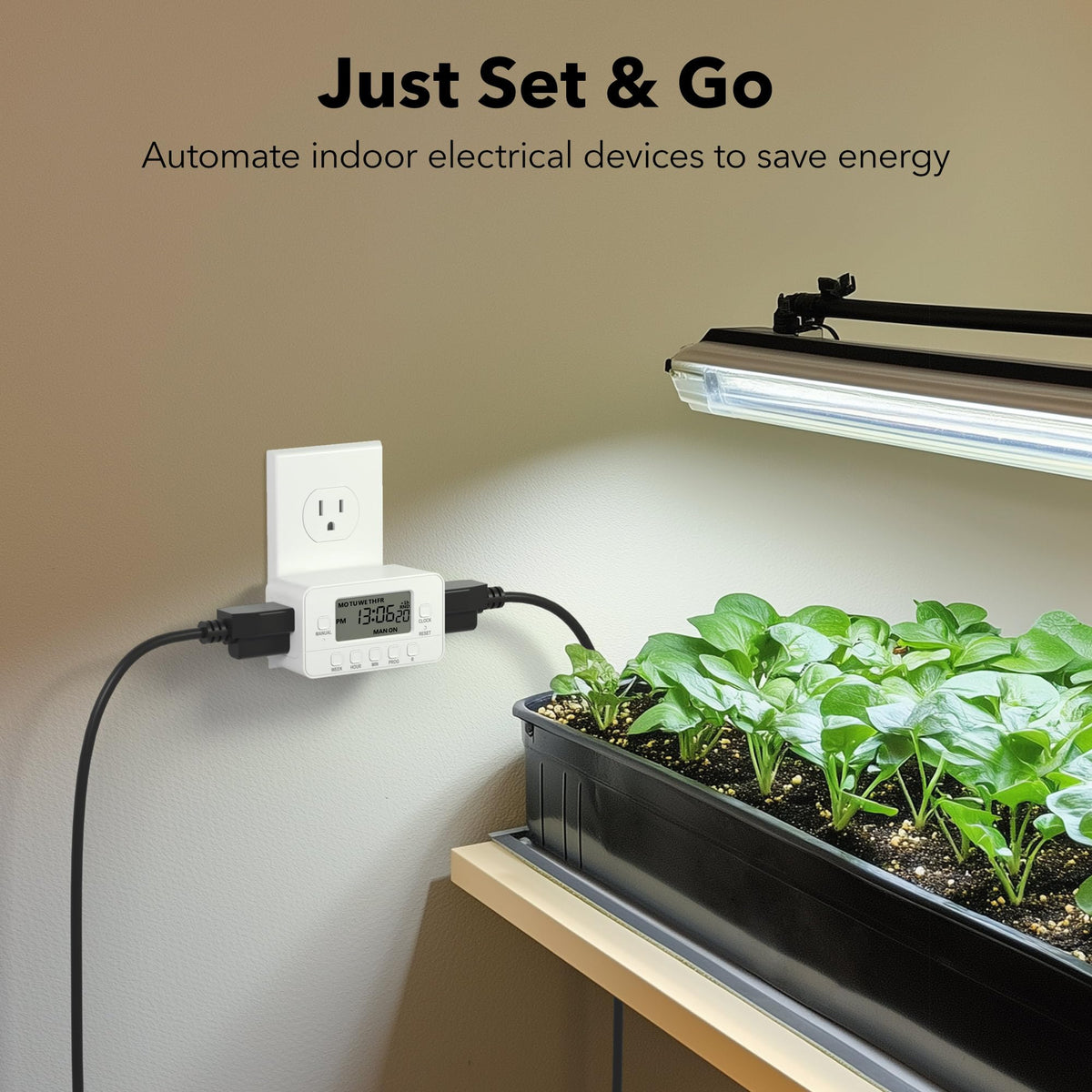 BN-LINK dual outlet timer powers lamps and fans on a schedule.