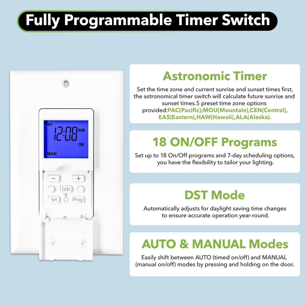 BN-LINK timer in Random and DST mode enhances security by simulating occupancy.