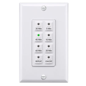 BN-LINK countdown timer switch with push button for quick one-touch control of a bathroom exhaust fan.