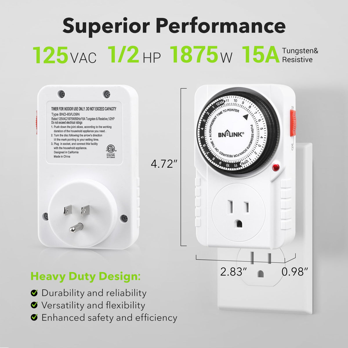 BN-LINK ETL-listed timer label confirms safety and reliability.