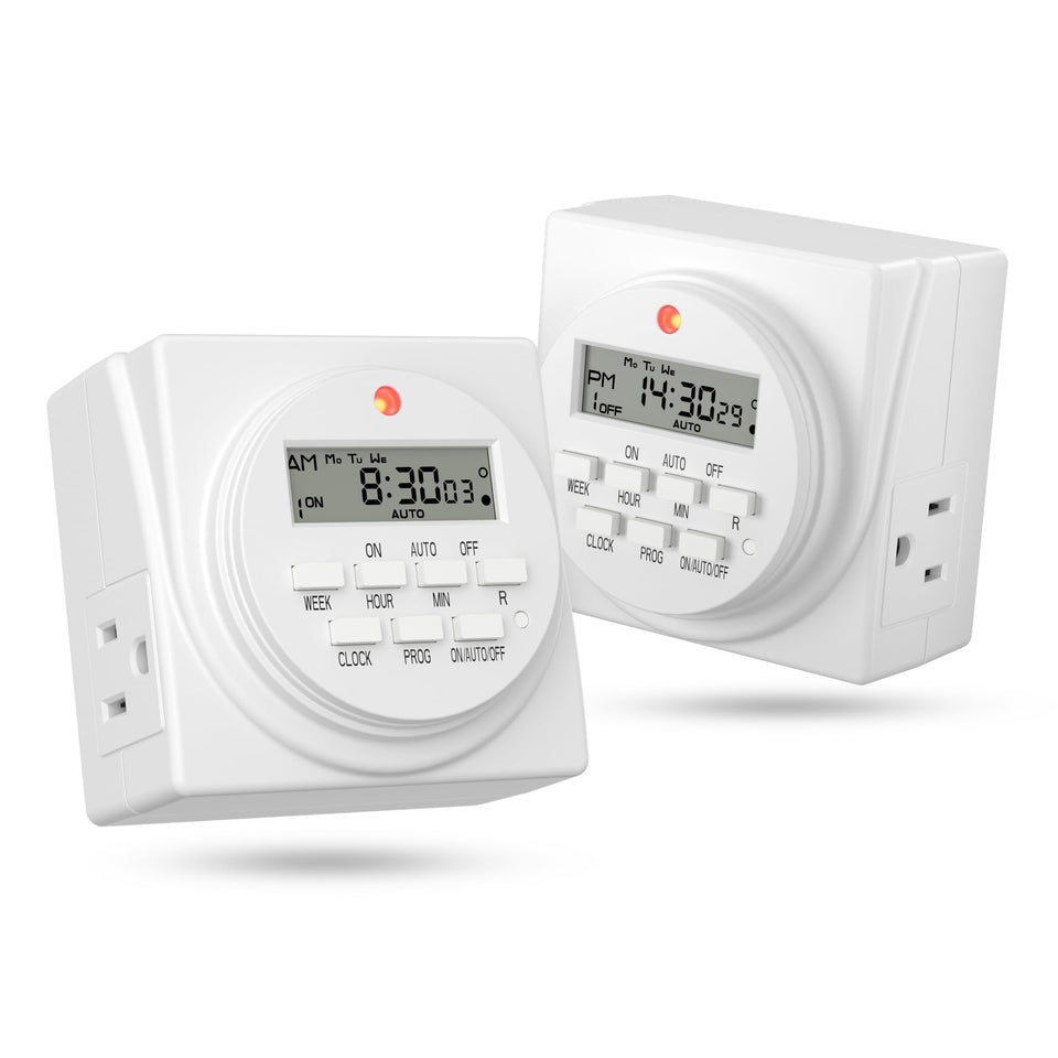 BN-LINK indoor digital timer outlet front view with dual outlets for lamps