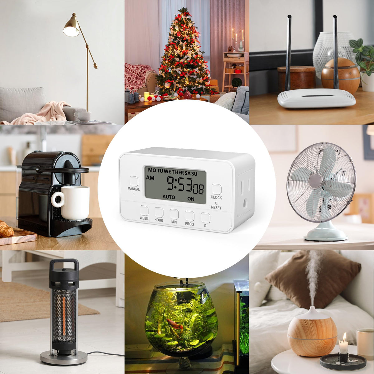 BN-LINK indoor timer shown in living room setup for convenience.