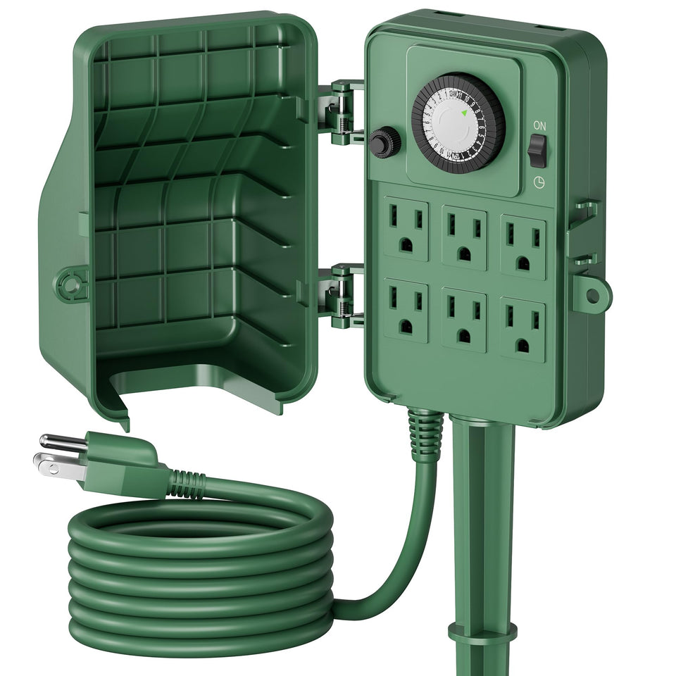 BN-LINK outdoor stake timer with six outlets for reliable outdoor lighting control.