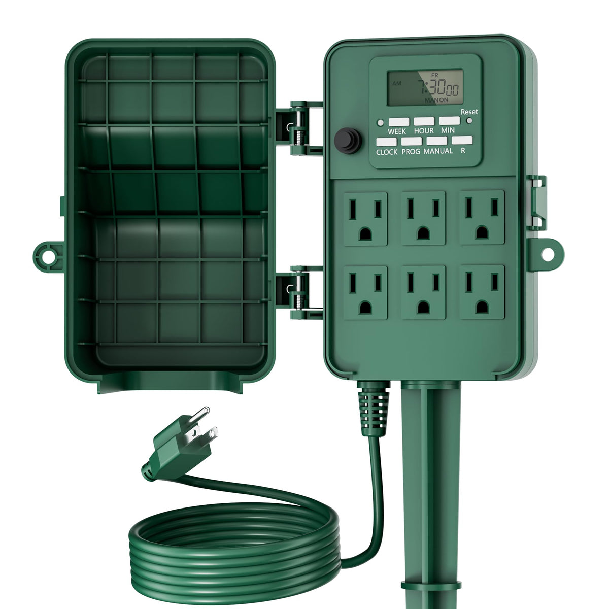 BN-LINK Outdoor Power Stake front view with six outlets for versatile timing.
