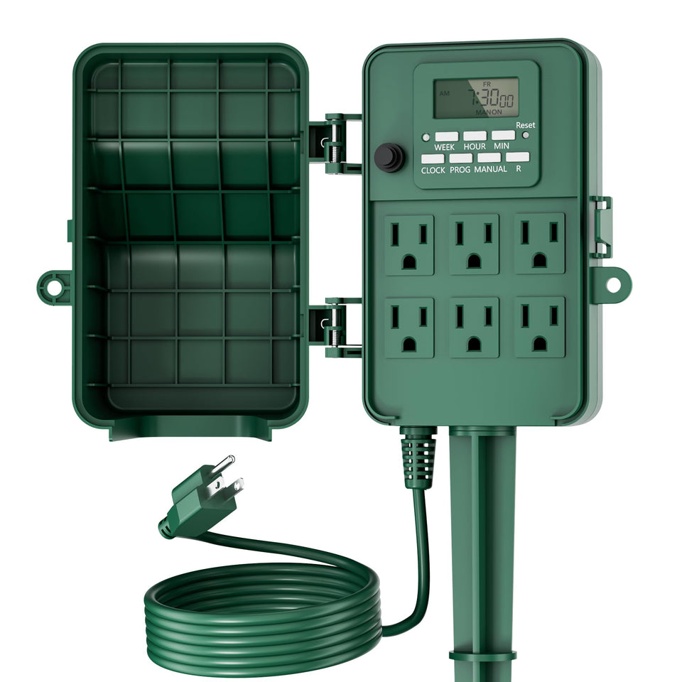 BN-LINK Outdoor Power Stake front view with six outlets for versatile timing.