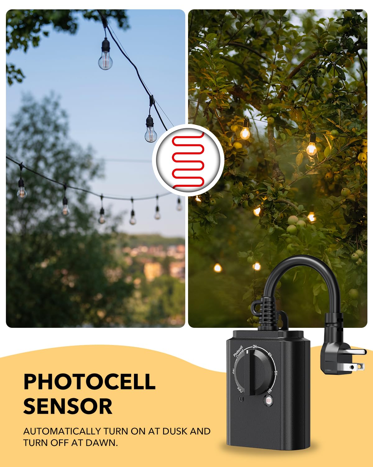 BN-LINK dusk-to-dawn automation highlighting energy-saving outdoor use.