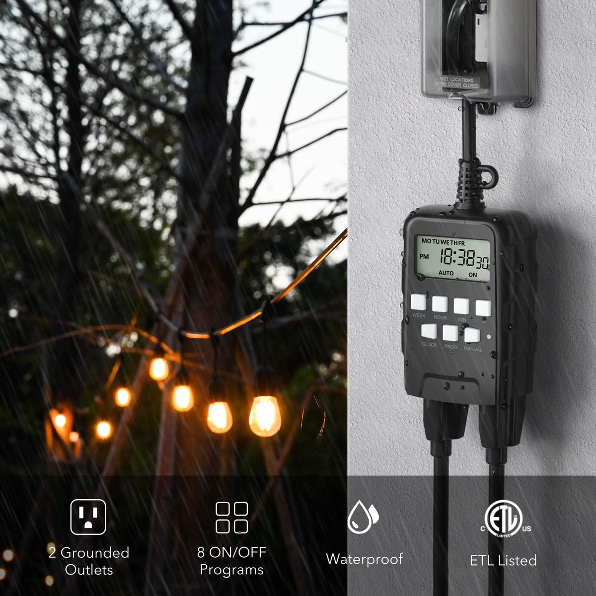 BN-LINK timer with two grounded outlets for safe outdoor power control.