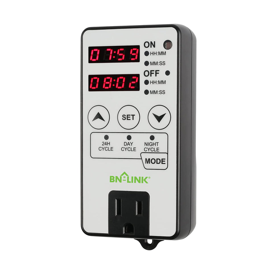 BN-LINK timer outlet front view for simple wall outlet automation.
