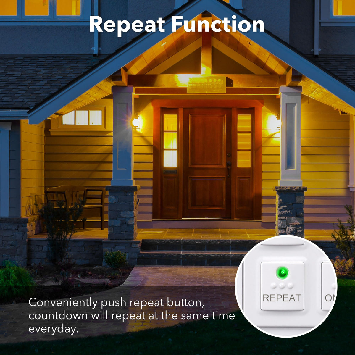 BN-LINK timer interface shows Repeat mode for daily auto-run schedules.