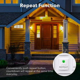 BN-LINK timer interface shows Repeat mode for daily auto-run schedules.