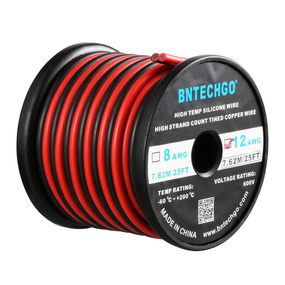 BNTECHGO 12 AWG silicone wire in red and black for LED strip extension; flexible routing