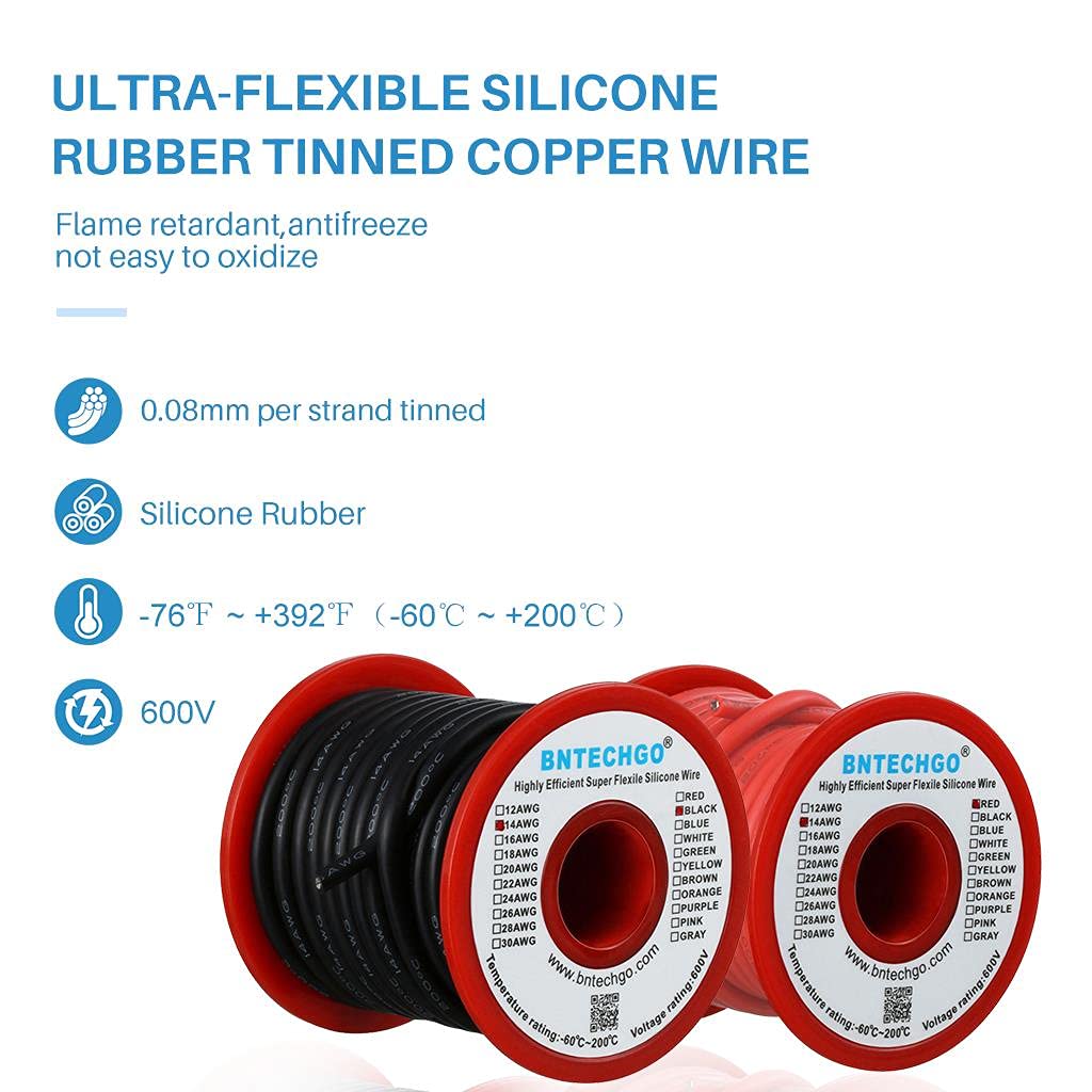 BNTECHGO 14 AWG silicone wire black spool suited for durable power wiring.
