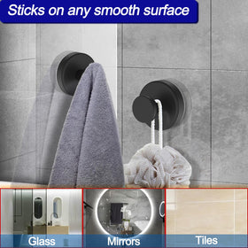 Bntuk 4-pack black suction hooks offer versatile bathroom organization.