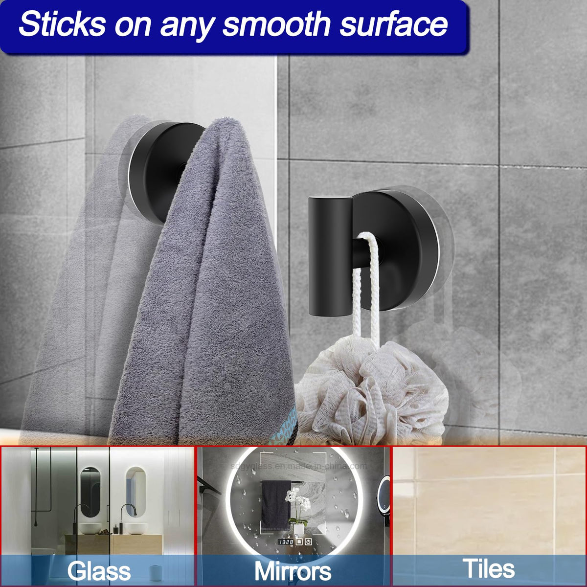 Bntuk shower hooks for glass, mirror, and tile surfaces.