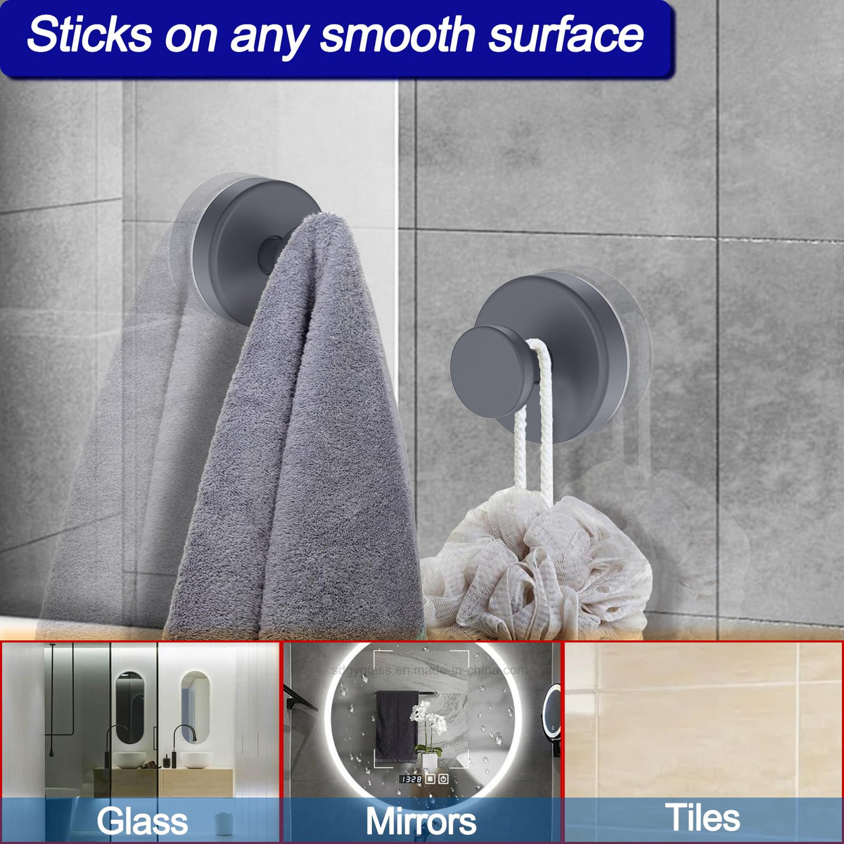 Bntuk hook on glass surface highlights strong grip and silicone base.