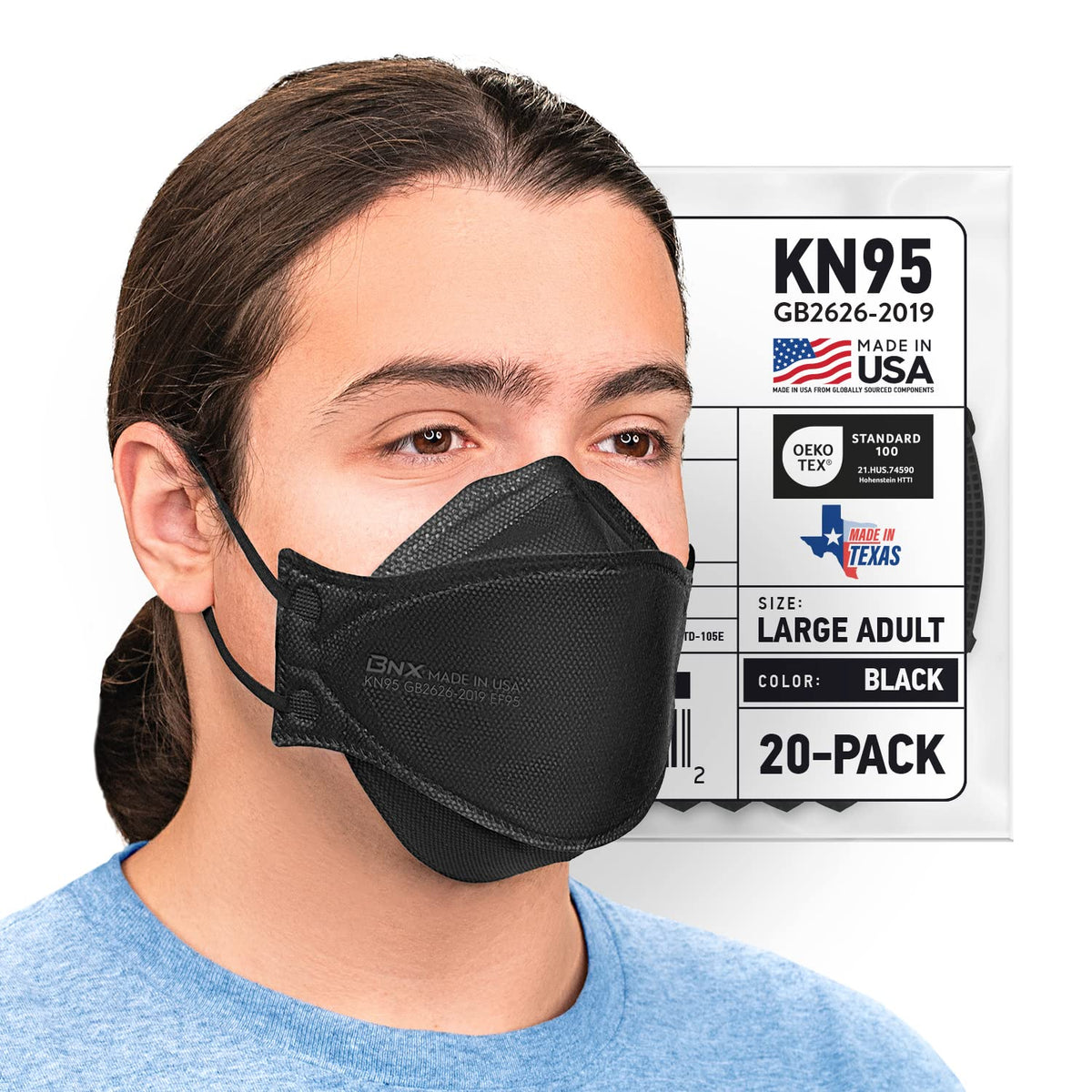 BNX KN95 mask front view highlights USA made design for filtration