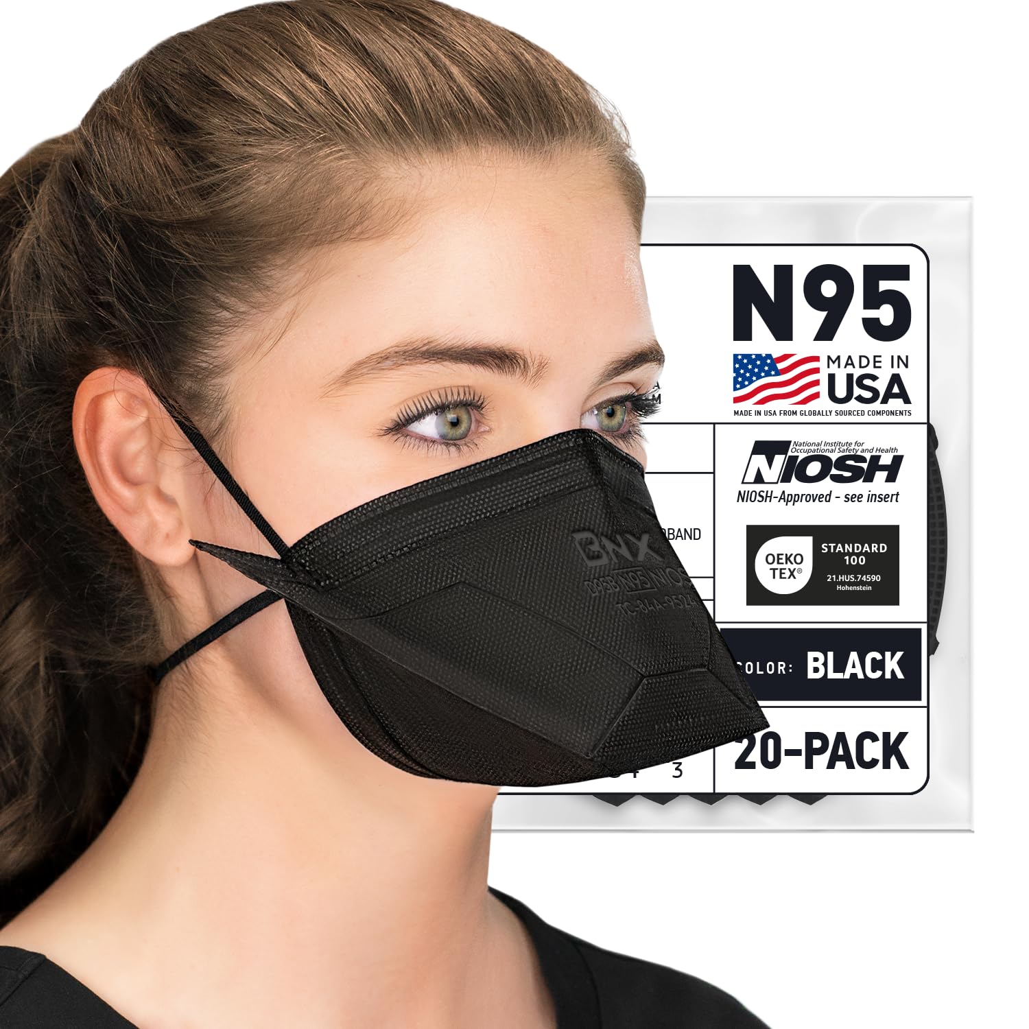 BNX N95 duckbill mask in packaging showing American-made quality.
