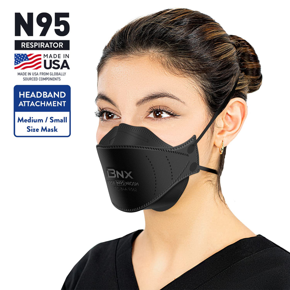 BNX N95 mask cup-style fit on wearer's face for comfortable protection.