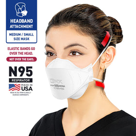 BNX N95 mask headbands over the head for secure, ear-free fit.