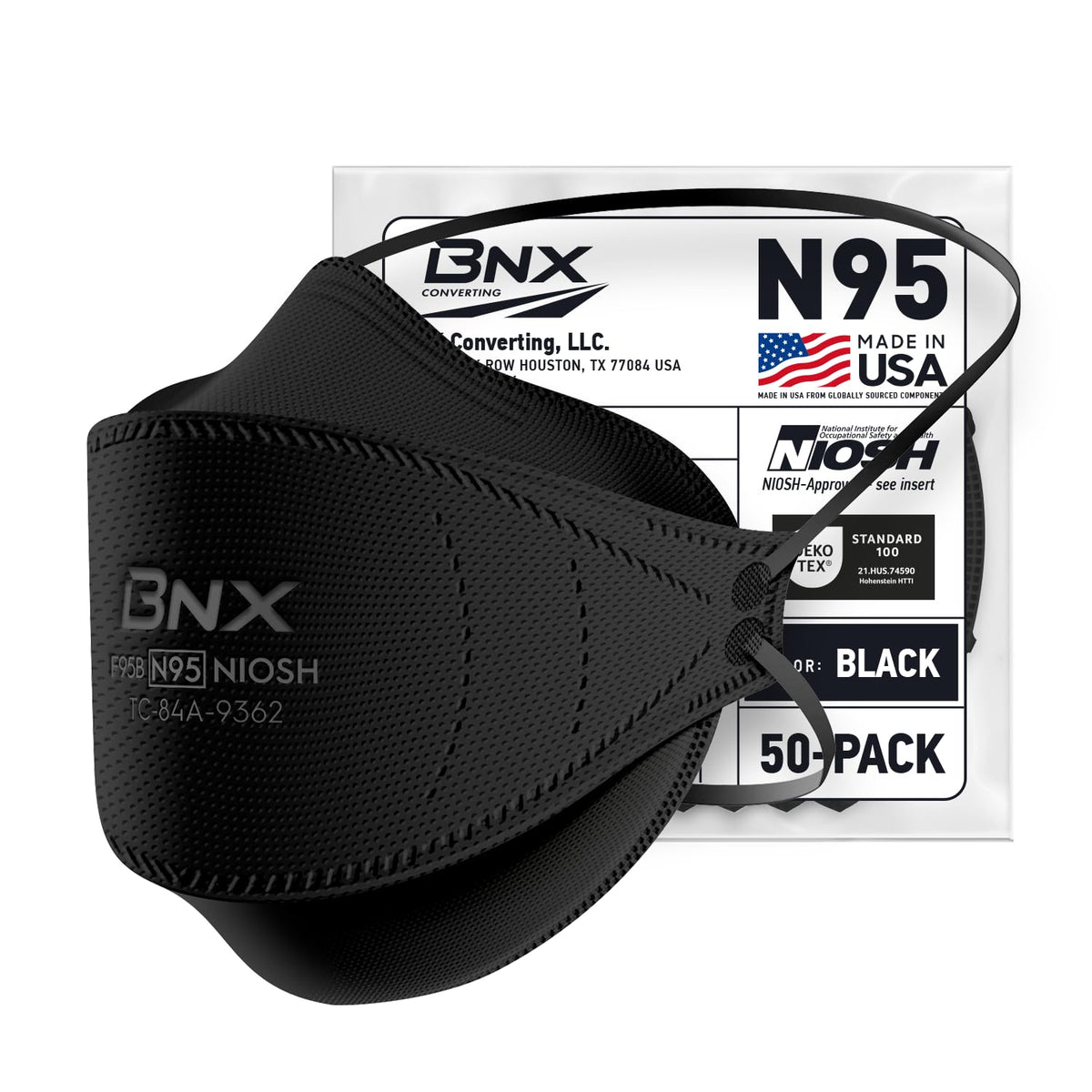 BNX N95 mask tri-fold design for secure fit and breathability.