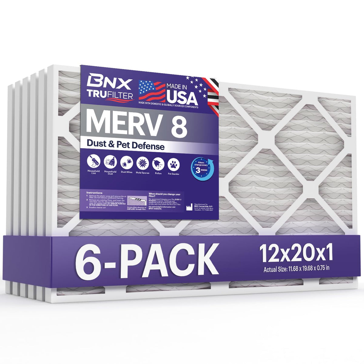 BNX TruFilter 12x20x1 front view with sturdy one-piece frame for clean air