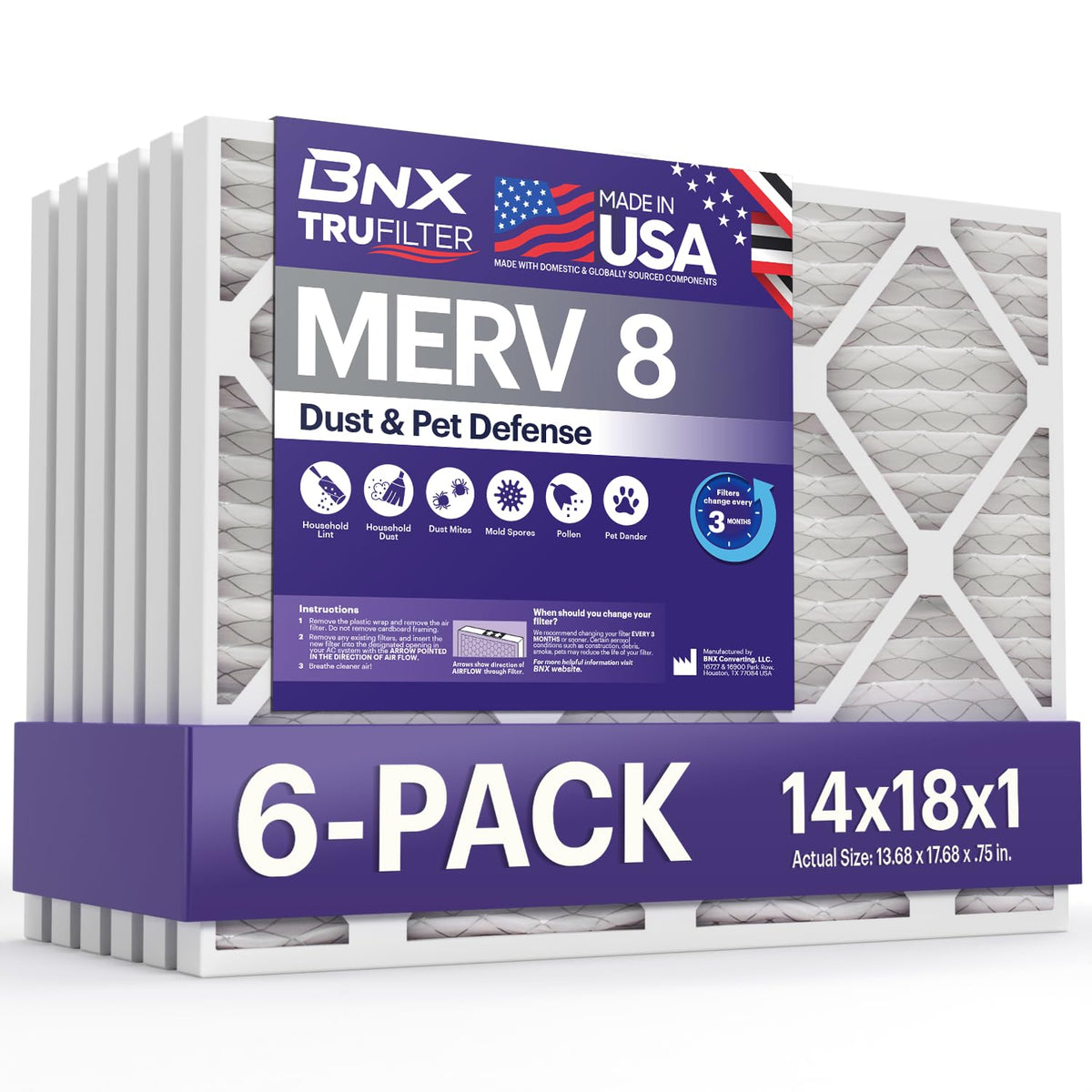 BNX TruFilter 14x18x1 front view shows electrostatic media for low resistance airflow.