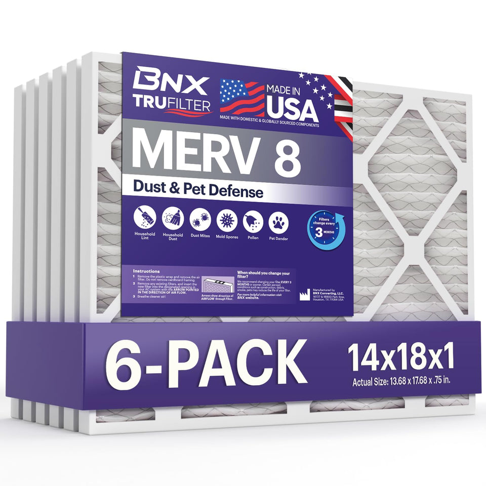 BNX TruFilter 14x18x1 front view shows electrostatic media for low resistance airflow.