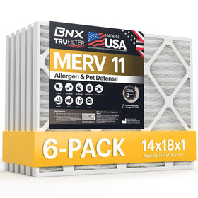 BNX TruFilter 14x18x1 MERV 11 filter in packaging, ready for HVAC installation.