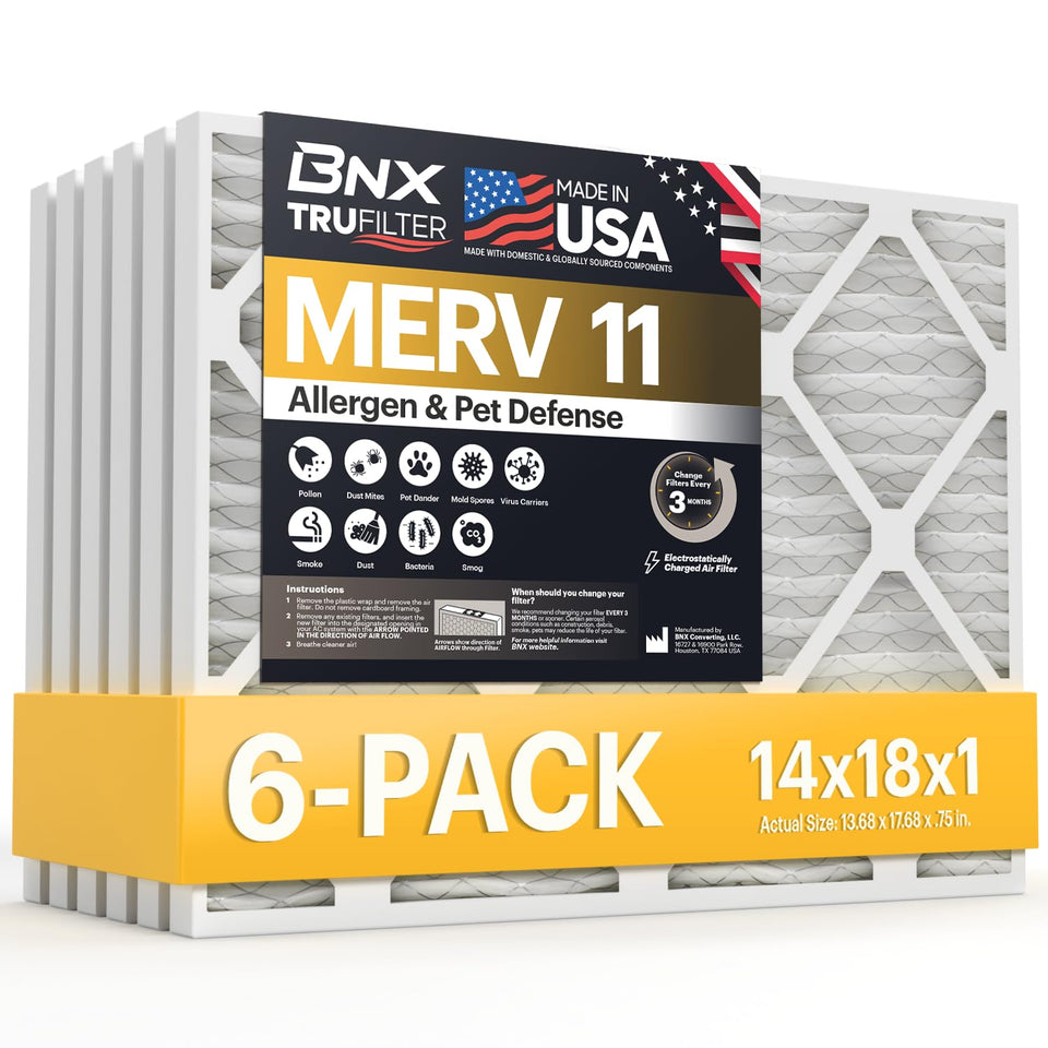 BNX TruFilter 14x18x1 MERV 11 filter in packaging, ready for HVAC installation.