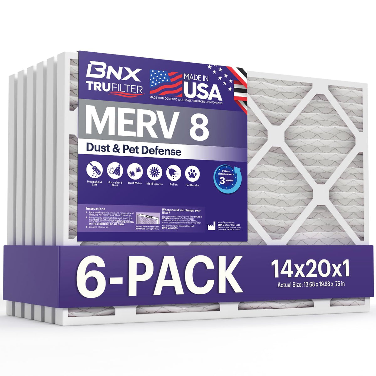 BNX TruFilter 14x20x1 front view shows easy installation and sturdy frame.