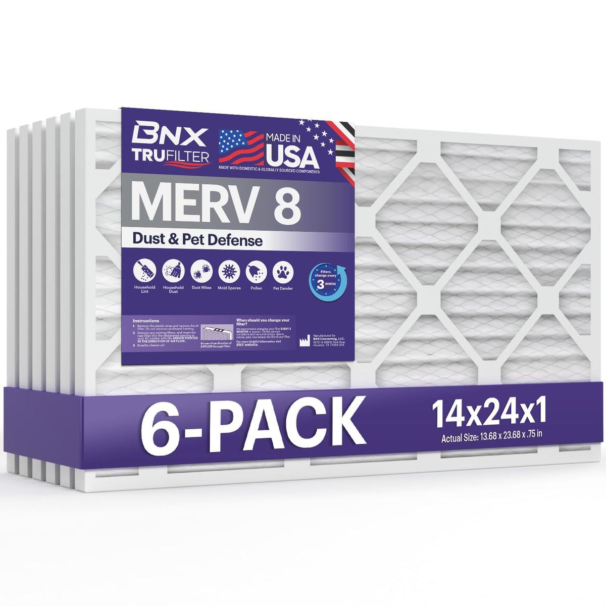 BNX TruFilter 14x24x1 pack front view for HVAC replacement