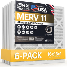 BNX TruFilter 16x16x1 front view highlights low air resistance with MERV 11 filtration.