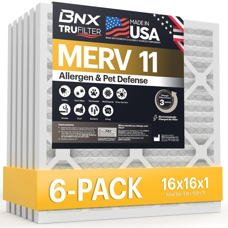 BNX TruFilter 16x16x1 front view highlights low air resistance with MERV 11 filtration.