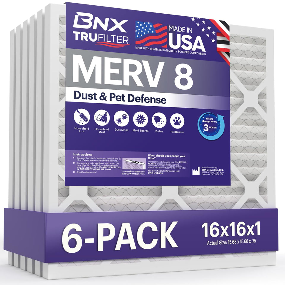 BNX TruFilter 16x16x1 pack image shows six-pack replacement for HVAC filters