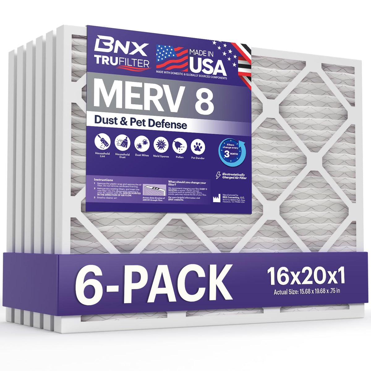 BNX TruFilter 16x20x1 filter front view shows compact HVAC replacement