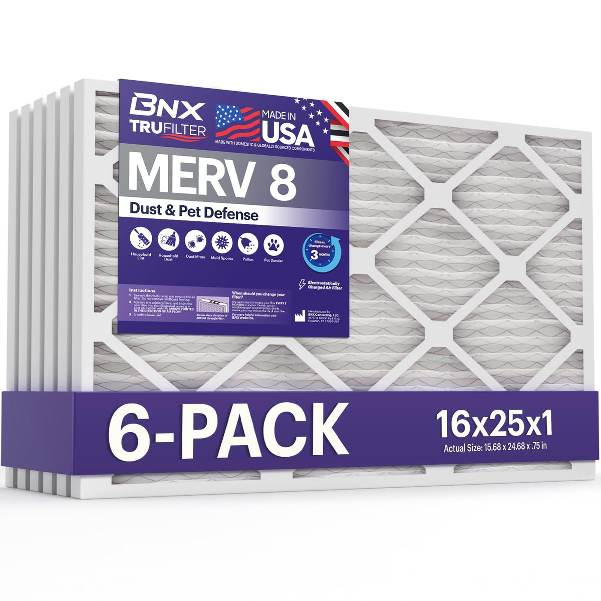 BNX TruFilter 16x25x1 filter-pack for HVAC replacement and improved air quality.