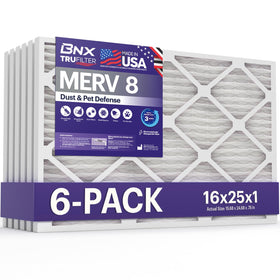 BNX TruFilter 16x25x1 filter-pack for HVAC replacement and improved air quality.